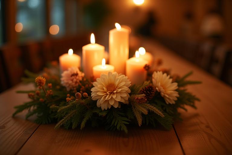 Rusztikus stílusú asztali virágdísz gyertyákkal.